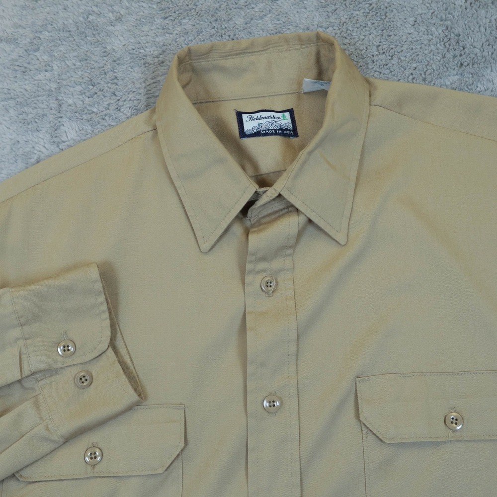 Fieldmaster Perma-Prest Mens XL Tan Button‎ Up Long Sleeve Shirt USA Made Flaws